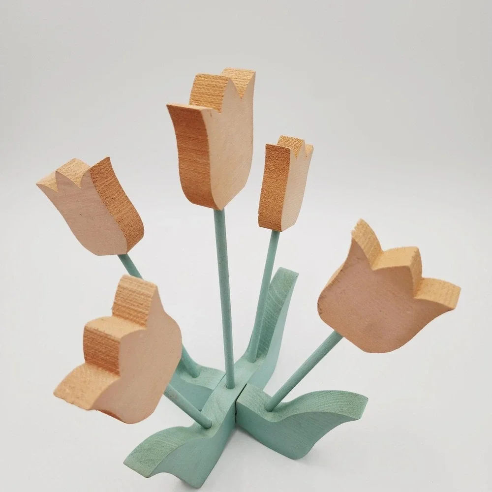 Vintage Wooden Tulip Bouquet Pastel Pink Farmhouse Decor 2 Piece 11 Inch